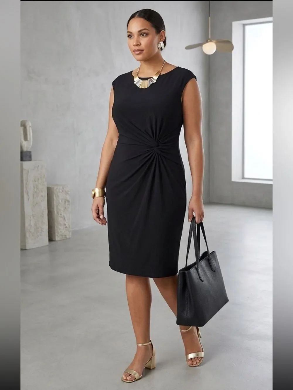 CATO Classic Career Black Midi Dress Knee-length Front Knot Sleeveless Size 14